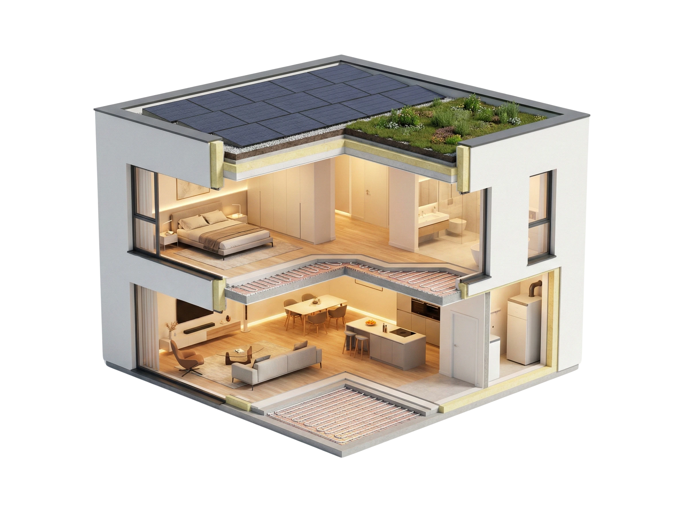 3D Schnittmodell eines modernen Effizienzhauses mit sichtbarer Wärmepumpe, Fußbodenheizung und Photovoltaik