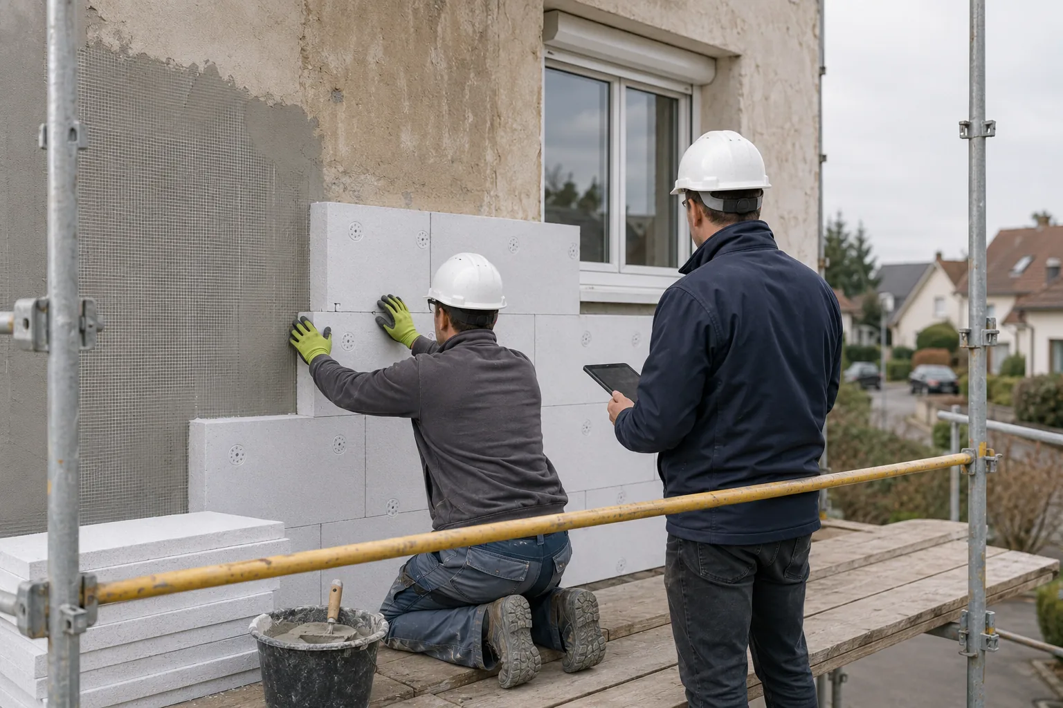 Fassadendämmung an einem Einfamilienhaus: Handwerker setzt eine Dämmplatte, Energieberater prüft die Ausführung